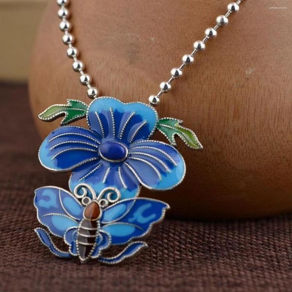 Pendentif Colliers FoYuan Argent Couleur Brûlé Bleu Phalaenopsis Fleur Femelle Classique Papillon Amour Style Ethnique