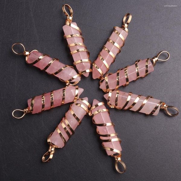 Collares colgantes libres de 6 piezas Cristal hexagonal natural de color rosa puntiaguda.