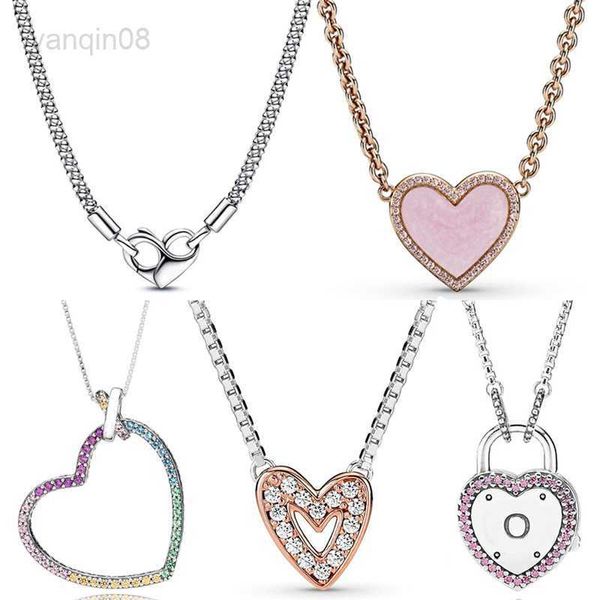 Collares pendientes Freehand Rainbow Heart Lock Your Promise Collar de cadena con tachuelas Collar de plata esterlina 925 para Europa Bead Charm DIY Jewelry HKD230712