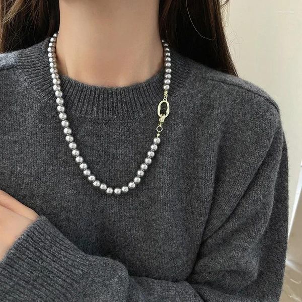 Pendentif Colliers Français Élégant Et Rétro Gris Perle Géométrique Boucle Collier Accessoires À La Mode Pour Les Femmes