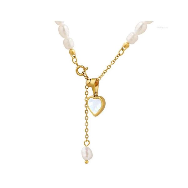 Collares pendientes Francés Romántico Lindo Cadena de perlas de agua dulce Collar de corazón de concha de mar blanco Collar de acero de titanio Joyería Mujeres Dro Dhf8I