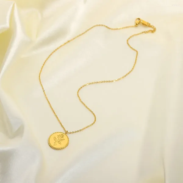 Collares colgantes Collar de rosa de medallón redondo romántico francés para mujeres Sello de acero inoxidable chapado en oro de 14 quilates