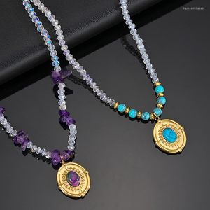 Pendentif Colliers Français Vintage Violet Perle Ovale Turquoise Collier Pour Femmes Clavicule Chaîne En Acier Inoxydable Bijoux Accessoires Collier