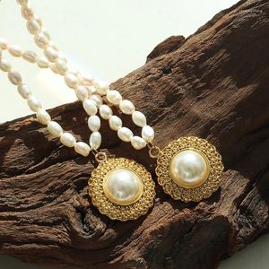 Pendentif Colliers Collier de perles d'eau douce Mode élégant titane acier chapeau de paille incrusté bijoux d'imitation