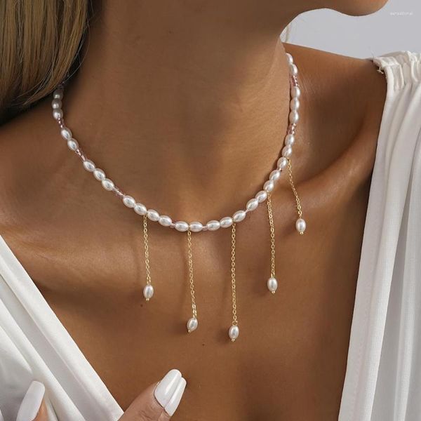 Collares colgantes Collar de borla de perlas de agua dulce con artesanía pesada y una cadena de cuello adelgazante para mujeres