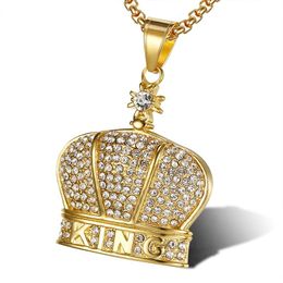 Hanger kettingen Volledige strass bling iced out king crown hangers goud 316L roestvrij staal mannen hiphop rapper sieraden met box chainpend