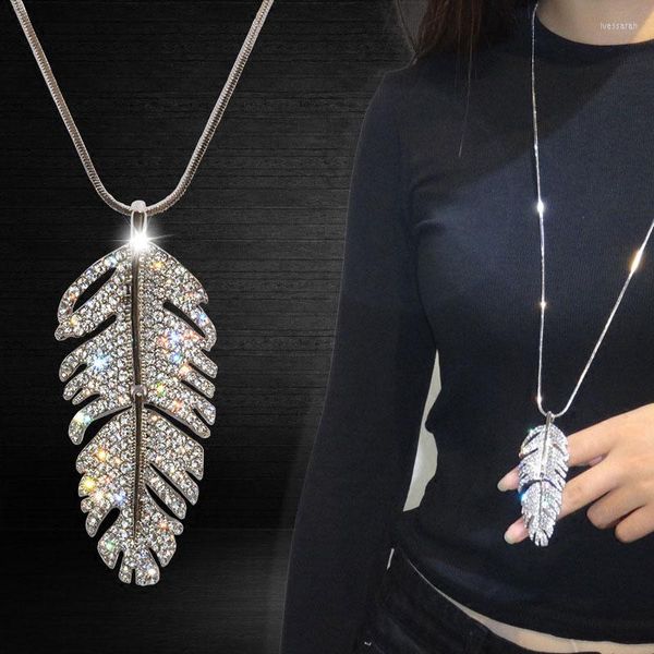 Collares con colgantes, collar de cadena de suéter largo de plumas con diamantes de imitación, accesorio Vintage de cristal para regalo de joyería de mujer