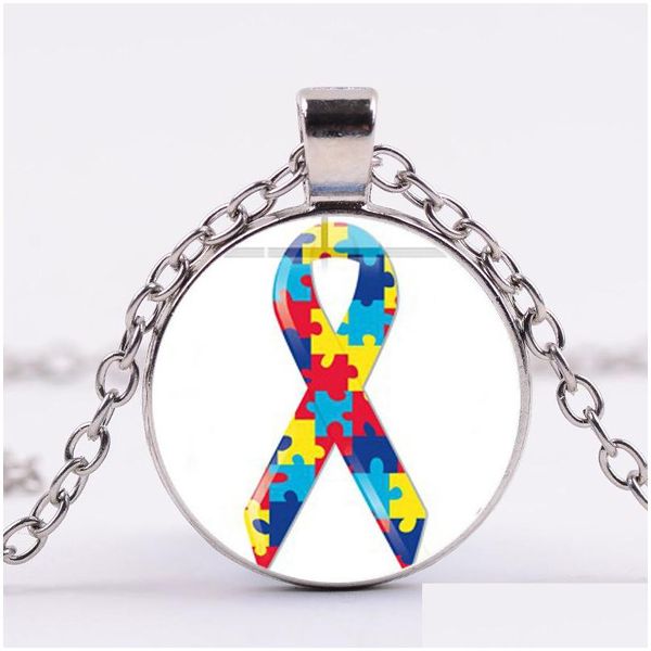 Collares pendientes Pieza de rompecabezas divertido Collar de concientización sobre el autismo Color de la mezcla Jigsaw Cinta Soporte Amor Joyería Amigo Regalo familiar Gota Deli Dha7S