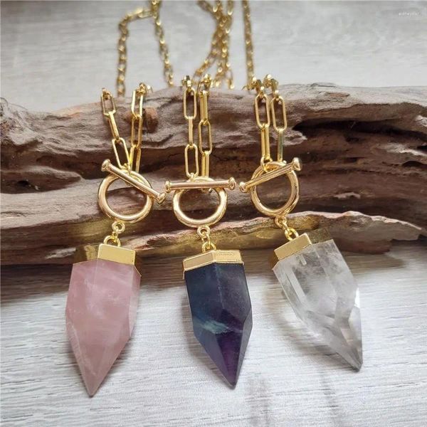 Pendentif Colliers Fuwo 1pcs Fluorite Naturelle / Rose / Quartz Clair OT Collier Minéral Cristal Point Lariat Lien Collier Pour Les Femmes NC411