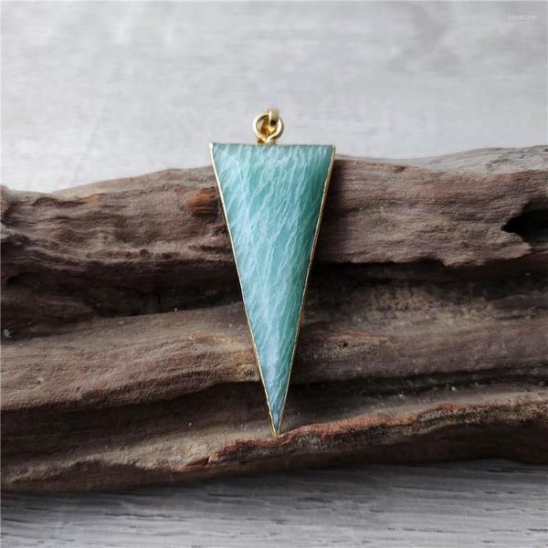 Pendentif Colliers Fuwo sculpté long triangle amazonite couleur or plaqué énergie cristal minéral accessoires pour la fabrication de bijoux PD428 5pcs