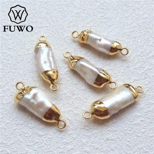 Collares colgantes FUWO Conector de perlas de agua dulce con oro lleno de moda Doble Bails Sea Bar Joyería Suministros PD558