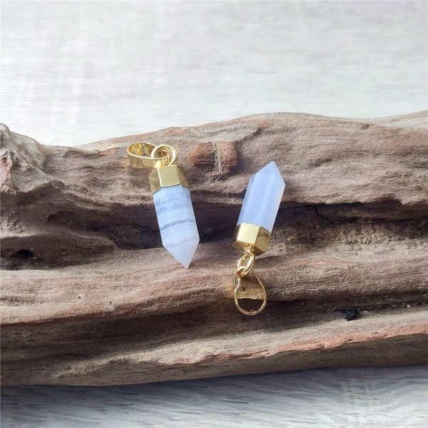 Collares pendientes FUWO Natural Blue Lace Agates Point Golden Plated Spike Shape Raw Stone Stick Accesorios de joyería PD121 5 Unids/lote