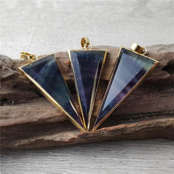 Pendentif Colliers FUWO Naturel Coloré Fluorite Sculpté Long Triangle Cristal Accessoires Avec Or Couleur Plaqué Pour La Fabrication De Bijoux PD430