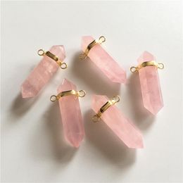 Collares pendientes FUWO Cristal rosa con bisel de latón relleno de oro de 24 quilates Moda Fianzas dobles Punto de cuarzo de color rosa Venta al por mayor PD186