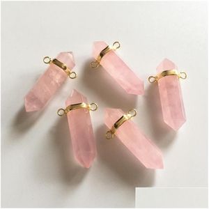 Collares colgantes Fuwo Cristal rosa con bisel de latón lleno de oro de 24 quilates Moda Doble fianzas Color rosa Punto de cuarzo Venta al por mayor Gota Deli Dheil