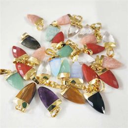 Collares colgantes Fuwo Venta al por mayor Piedra de cristal natural Pequeño Cuerno Chapado en oro Accesorios de cuarzo multicolor para la fabricación de joyas 5 piezas PD116