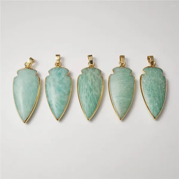 Pendentif Colliers Fuwo Gros Naturel Amazonite Arrowhead Gold Plaqué Bord Mode Vert Pierre Accessoires 5pcs / Lot PD175