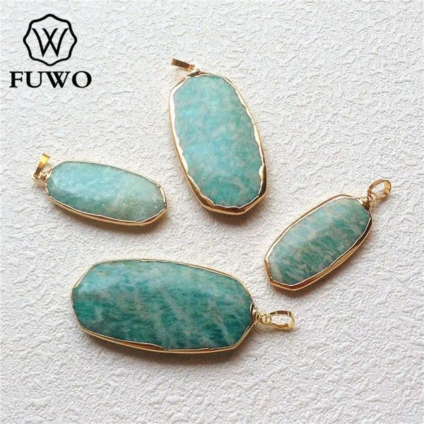 Collares colgantes Fuwo Amazonita natural amazonita Natural Amazonita dorada Accesorios facetados de piedra verde para joyas que hacen 5 piezas/lote PD174