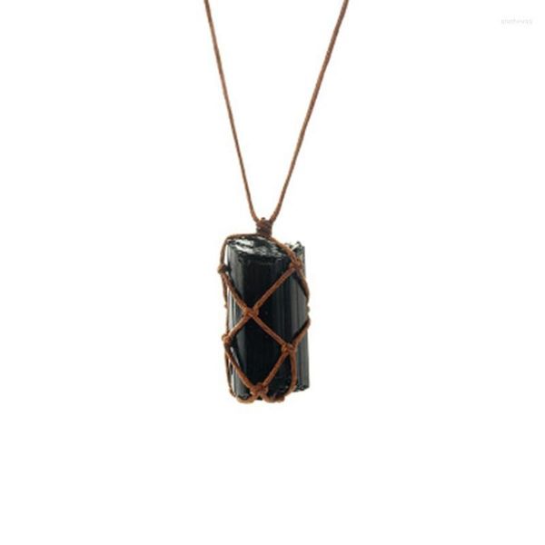 Pendentif Colliers FYJS Bijoux uniques Tissage à la main Wrap Forme irrégulière Tourmaline noire Pierre Collier de style ethnique