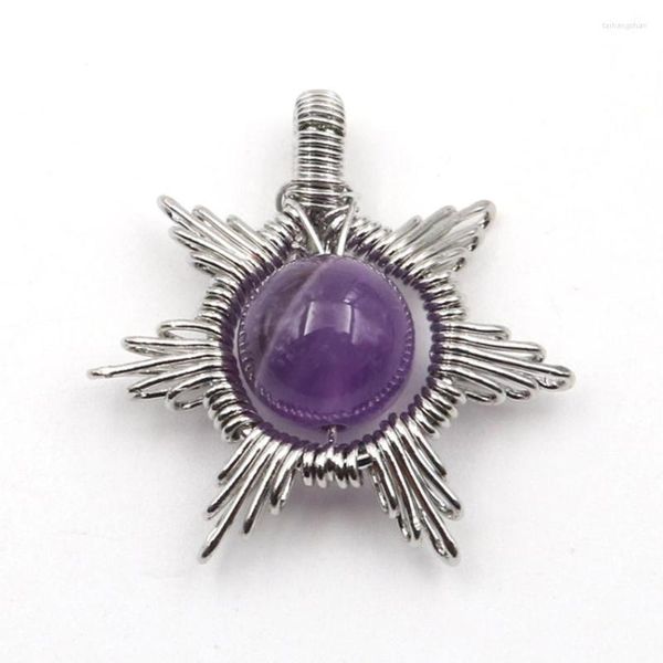 Pendentif Colliers Fyjs Unique Bijoux Argent Plaqué À La Main Fil Wrap Améthystes Pierre Perle Soleil Forme