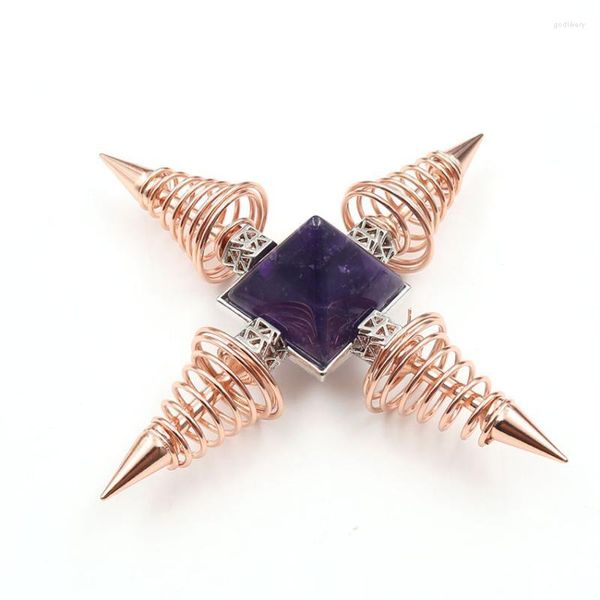Pendentif Colliers FYJS Unique Or Rose Couleur Spirale Métal Avec Pyramide Carrée Améthystes Transmetteur D'énergie Lapis Lazuli Bijoux