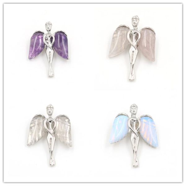 Colliers pendentifs FYJS Unique plaqué argent belle aile d'ange beaucoup de pierre de Quartz de couleur pour cadeau de noël