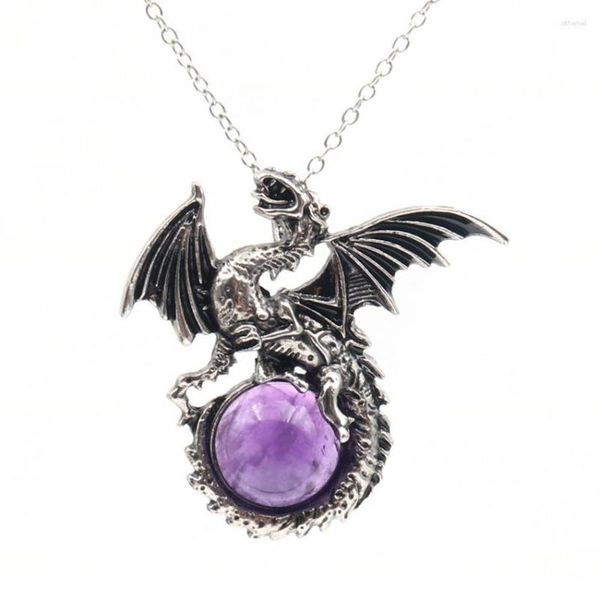 Pendentif Colliers FYJS Unique Argent Plaqué Dragon Wrap Améthystes Pierre Perle Lien Chaîne Collier Pour Anniversaire Cadeau Bijoux