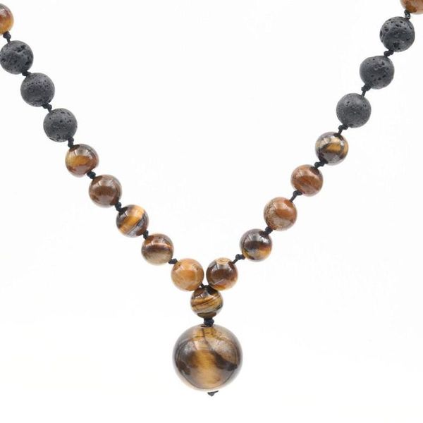 Pendentif Colliers FYSL Tissage à la main Tiger Eye Pierre Lava Perles rondes Chaîne Collier Style ethnique Bijoux