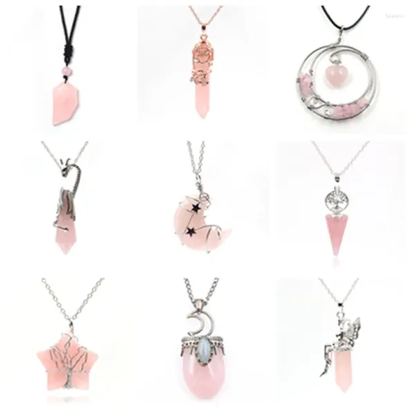 Collares colgantes FYSL Muchos estilos Rosa Rosa Cuarzo Creciente Luna Enlace Cadena Collar Estrella Amor Corazón Árbol de la vida Joyería