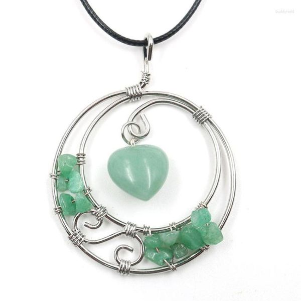 Pendentif Colliers FYSL Argent Plaqué Fil Enroulé Rond Creux Avec Aventurine Verte Coeur Corde Chaîne Collier Transfert Chanceux Cadeau Bijoux