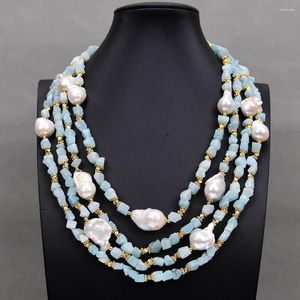 Colliers pendants G-g 20 '' 4 lignes cultivées blanches Keshi Pearl Natural Blue Amazonite Rough Stone Collier Baroque Jewelry Gift