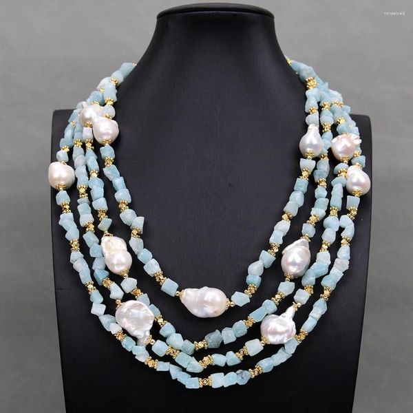 Colliers pendants G-g 20 '' 4 lignes cultivées blanches Keshi Pearl Natural Blue Amazonite Rough Stone Collier Baroque Jewelry Gift