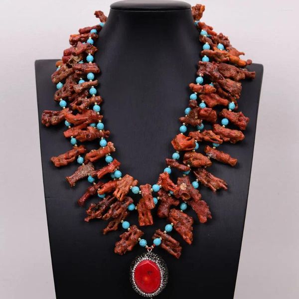 Collares colgantes G-G 3 Filas Azul Turquoise Real Red Rama de coral Collar crudo hecho a mano para mujeres regalos