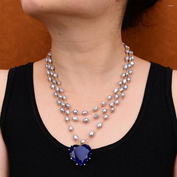 Colliers pendants G-G 3 Rows Natural Grey Grey Baroque Keshi Pearl Chain Collier Blue Quartz Heart Femmes Cadeaux