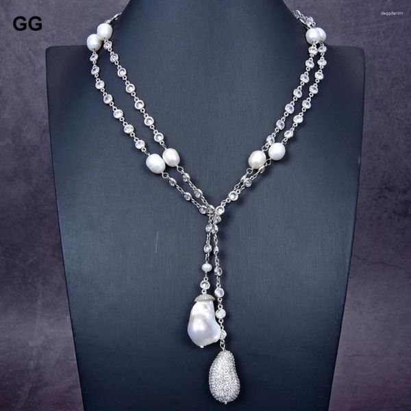 Colliers pendants G-G G Glain Natural Keshi Keshi Baroque Pearl CZ Pave Gold Colon Plated Crystal Chain Long Collier 49 '' Pour les femmes
