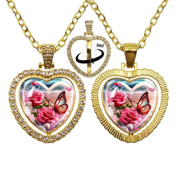 Pendentif Colliers Galaxie Beauté Papillon Art Peintures Double Face Collier Strass En Forme De Coeur 360 Degrés Rotation Bijoux