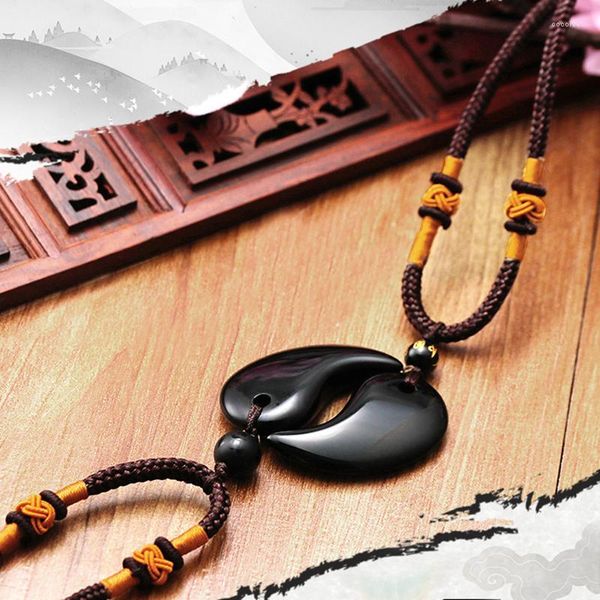 Colliers pendentif jeu Onmyoji collier Magatama couleur noire obsidienne/agate matériel avec chaîne de corde cadeau