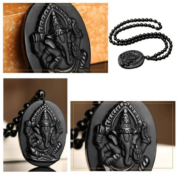 Collares pendientes Ganesha negro obsidiana Jade tallado Ganesh colgantes joyería libre fino collar de la suerte elefante cristal Q0P5Pendant