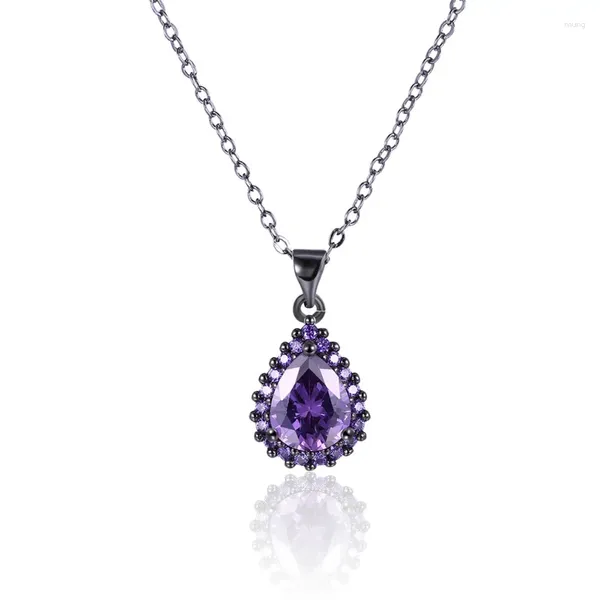 Pendentif Colliers Garilina Design Collier de goutte d'eau pour femmes Noir Gun Plaqué Violet Zircon Pierre Filles (avec chaîne)