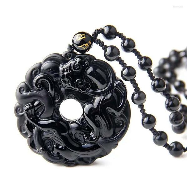 Pendentif Colliers Véritable Obsidienne Naturelle Noire Gemmes De Guérison Pierre Sculpture Pi Xiu Cristal Collier De Perles Rondes Femme Hommes Bless You