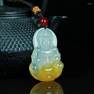 Pendentif Colliers Véritable Jade Agate Jaune et Blanc Bicolore Chalcédoine Avalokitesvara Collier pour Hommes Transpar