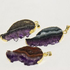 Pendentif Colliers Geode Druzy Violet Cristal Pierre Tranche Naturelle Plume 2023 Pour Les Femmes Plaqué Or Bijoux DIY Fabrication Quartz SlabPendant