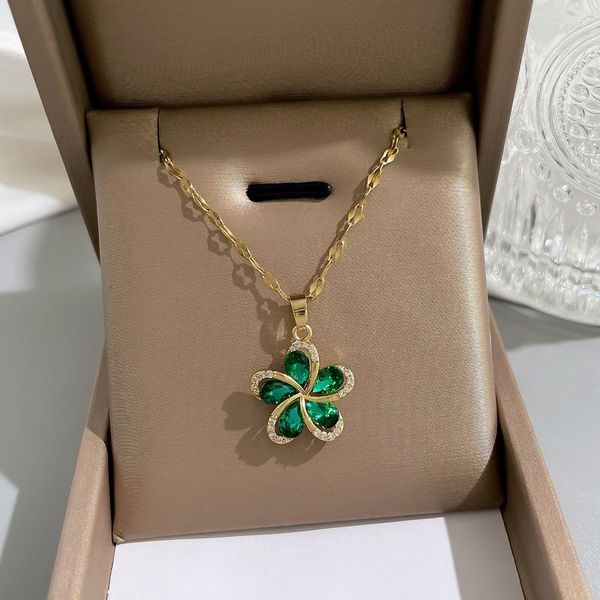 Pendentif Colliers Géométrique Vert Zircon Fleurs Collier Pour Femmes En Acier Inoxydable Plante Clavicule Chaîne Femme Cadeaux De Fête