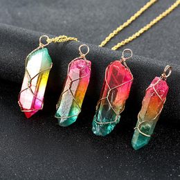 Hanger kettingen geometrische onregelmatige kleurrijke kristallen nek ketting handgeweven metalen draadomslag reiki genezing kwarts ketting sieraden