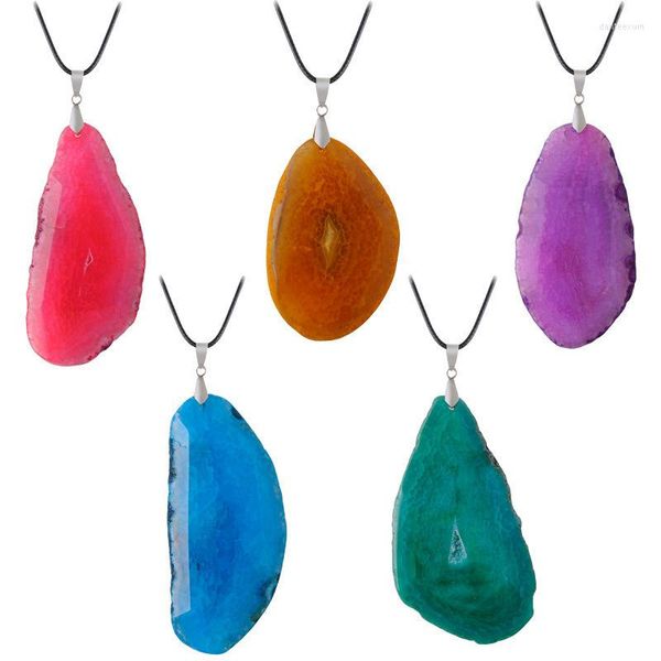 Pendentif Colliers Géométrique Irrégulier Rock Druzy Pierre Naturelle Collier Rose Violet Bleu Agates Tranche En Cuir Chaîne Pendentifs