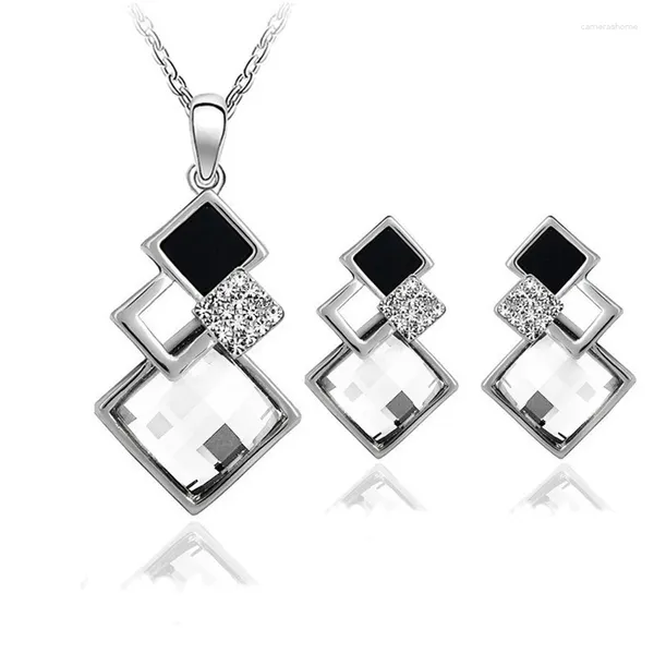 Collares colgantes Conjuntos de joyas de cristal cuadrados geométricos para mujer Colgantes de boda nupciales vintage Collar Stud Pendiente Conjunto Regalos