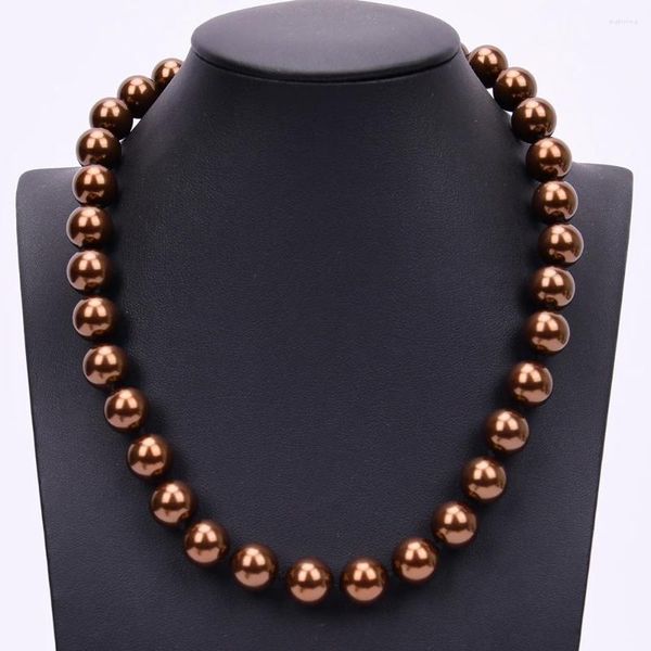 Pendentif Colliers GG 18 '' 12mm Couleur café naturel Forme ronde Coquille de mer Nacre Collier ras du cou Cadeaux pour femmes