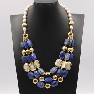 Collares colgantes GG 3 Filas Azules Naturales Lapis Lazuli Agua dulce Square White Keshi Pearl Collar 21 