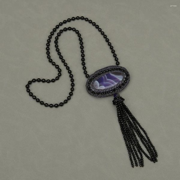 Collares colgantes GG Joyería 27 '' Hecho a mano Natural Black Onyx Collar trenzado Big Purple Agate para mujeres