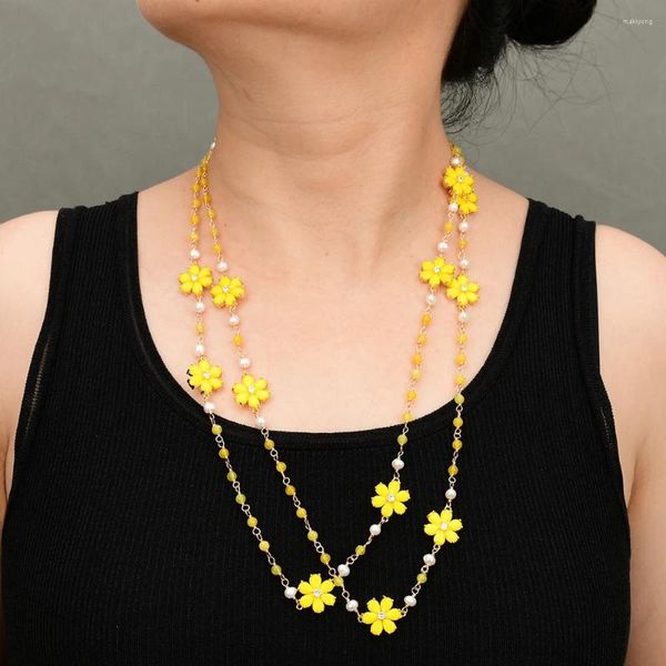 Collares colgantes GG Joyería 56 '' Natural Amarillo Limón Cuarzo Blanco Perla Jade Flor Cristal CZ Paved Suéter Collar de cadena para dama